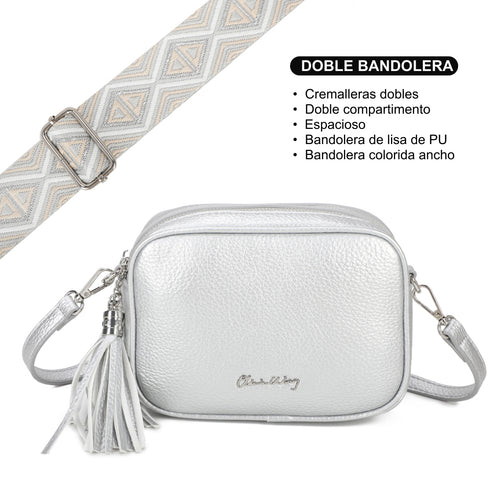 Bolso bandolera mujer pequeño de cuero PU dos compartimentos y dos bandoleras, bolso mensajero para cruzar polipiel regalo original para mujer - Plata