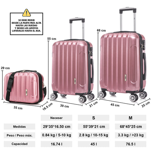 1990s Juego de Maletas Policarbonato Rígida 3 Piezas|Maleta Cabina 55cm|Maleta Mediana 68cm|Neceser 29cm|RosaDorado