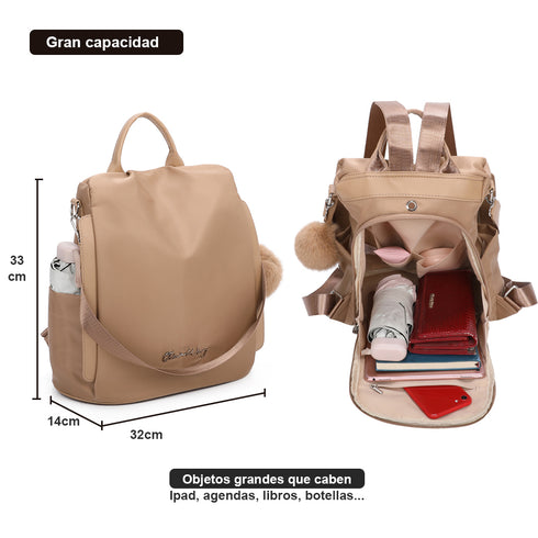 Mochila antirrobo Impermeable para mujer (14.80L) | Mochila Convertible en bolso con pompón y asa desmontable de adorno Khaki