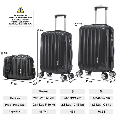 1990s Juego de Maletas Policarbonato Rígida 3 Piezas|Maleta Cabina 55cm|Maleta Mediana 68cm|Neceser 29cm|Negro