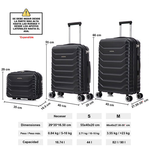 Conjunto de 3 Maletas|Neceser 29x35x16.50cm|Maleta Cabina ABS+PC 55x40x20cm|Mediana Expandible 20kg-23kg - 66x45x27.50-30cm | Negro