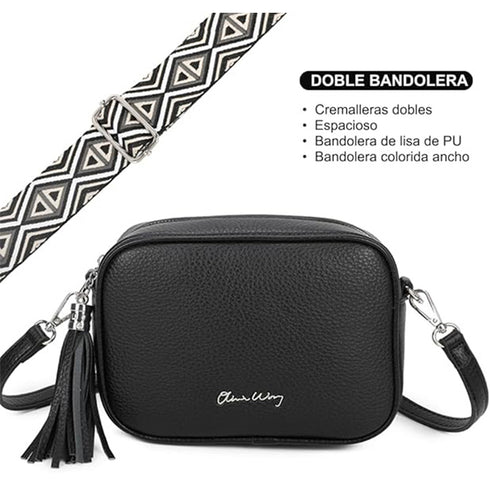 Bolso bandolera mujer pequeño de cuero PU con dos bandoleras bolso mensajero para cruzar PU - Negro