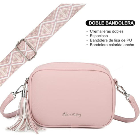 Bolso bandolera mujer pequeño de cuero PU con dos bandoleras bolso mensajero para cruzar PU - Rosa