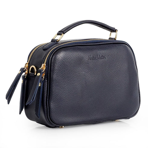 Bolso de bandolera de piel con asa de mano doble cremallera Azul marino Elsa