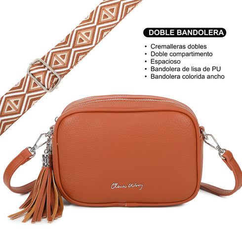 Bolso bandolera mujer pequeño de cuero PU dos compartimentos y dos bandoleras, bolso mensajero para cruzar polipiel regalo original para mujer - Marrón