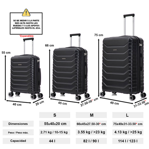 Raykong Juego de maletas 3 piezas | Maleta Cabina 55cm | Mediana Expansible 65cm | Grande Expansible 75cm - Watt (Negro)