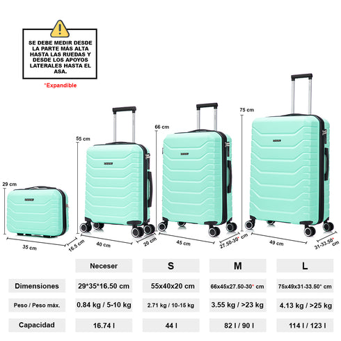 Conjunto de 4 Maletas ABS+PC|Neceser 29cm|Cabina 55x40x20cm|Mediana Expandible 20kg-23kg - 66x45x27.50-30cm|Grande Expandible 23kg-25kg - 75x49x31-33.50cm | Menta
