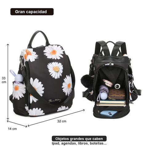 Mochila antirrobo Impermeable para mujer (14.80L) | Mochila Convertible en bolso con pompón y asa desmontable de adorno Margaritas