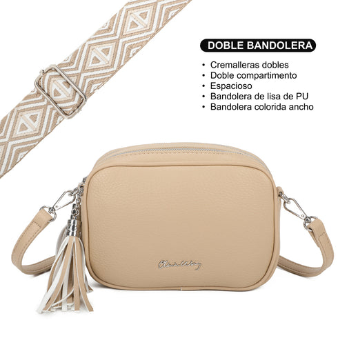 Bolso bandolera mujer pequeño de cuero PU dos compartimentos y dos bandoleras, bolso mensajero para cruzar polipiel regalo original para mujer - Khaki