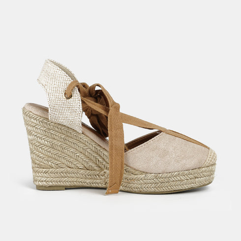Alpargata con cuña de esparto para mujer con lazo beige Julia