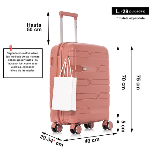 Juego de maletas PP Rígida 3 piezas|Maleta Cabina 55cm|Maleta Mediana 65cm Expandible |Maleta Grande 75cm Expandible |Bass Rosa Dorado