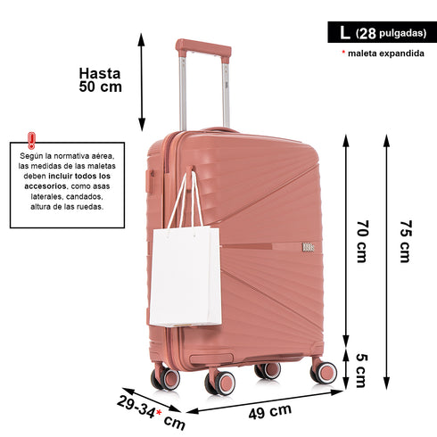 Juego de maletas PP Rígida 3 piezas|Maleta Cabina 55cm|Maleta Mediana extensible 65cm|Maleta Grande Extensible 75cm|Choco Rosa