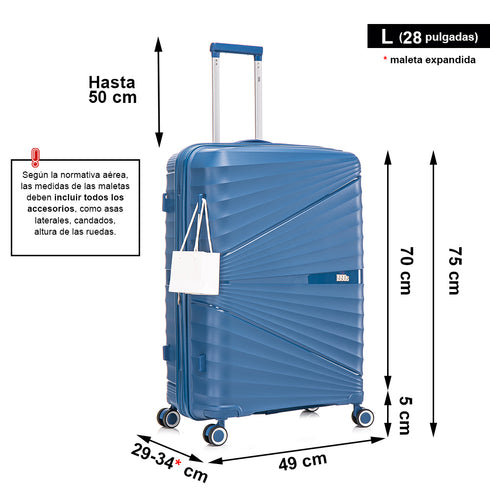 Juego de maletas PP Rígida 3 piezas|Maleta Cabina 55cm|Maleta Mediana 65cm Expandible |Maleta Grande 75cm Expandible |Choco Azul marino