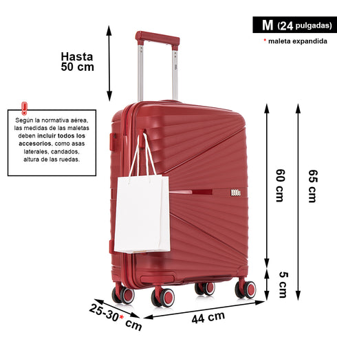 Juego de maletas PP Rígida 3 piezas|Maleta Cabina 55cm|Maleta Mediana extensible 65cm|Maleta Grande Extensible 75cm|Choco Rojo
