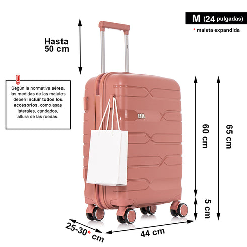 Juego de maletas PP Rígida 3 piezas|Maleta Cabina 55cm|Maleta Mediana 65cm Expandible |Maleta Grande 75cm Expandible |Bass Rosa Dorado