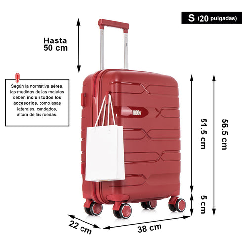 Juego de maletas PP Rígida 3 piezas|Maleta Cabina 55cm|Maleta Mediana 65cm Expandible |Maleta Grande 75cm Expandible |Bass Rojo