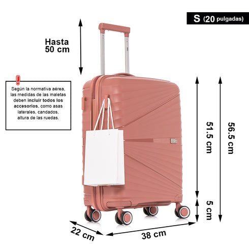 Juego de maletas PP Rígida 3 piezas|Maleta Cabina 55cm|Maleta Mediana extensible 65cm|Maleta Grande Extensible 75cm|Choco Rosa