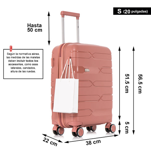 Juego de maletas PP Rígida 3 piezas|Maleta Cabina 55cm|Maleta Mediana 65cm Expandible |Maleta Grande 75cm Expandible |Bass Rosa Dorado