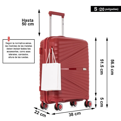 Juego de maletas PP Rígida 3 piezas|Maleta Cabina 55cm|Maleta Mediana extensible 65cm|Maleta Grande Extensible 75cm|Choco Rojo
