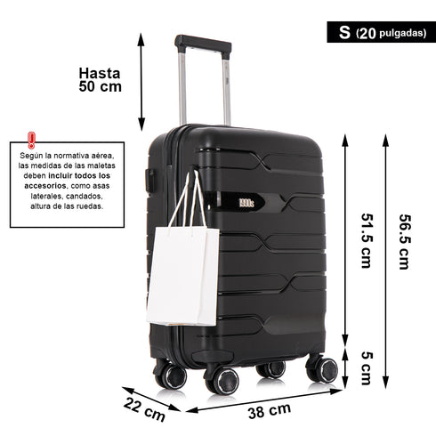 Juego de maletas PP Rígida 3 piezas|Maleta Cabina 55cm|Maleta Mediana 65cm Expandible |Maleta Grande 75cm Expandible |Bass Negro