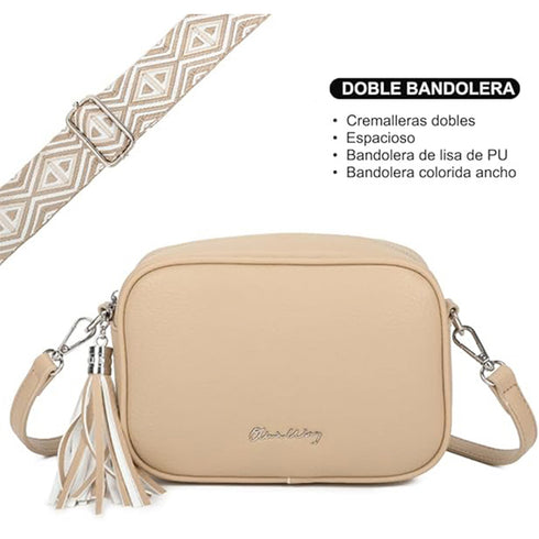 Bolso bandolera mujer pequeño de cuero PU con dos bandoleras bolso mensajero para cruzar PU - Taupe