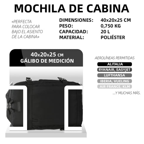 Raykong Mochila de cabina Ryanair 40x20x25cm (20L) Negro