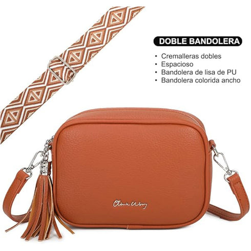 Bolso bandolera mujer pequeño de cuero PU con dos bandoleras bolso mensajero para cruzar PU - Marrón