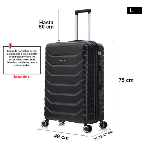 RAYKONG Maleta Grande Expandible ABS+Policarbonato 75x49x31cm - 33.50cm Extendido | 114L - 123L | 28 Pulgadas | 25kg semirígidas candado combinación - Negro