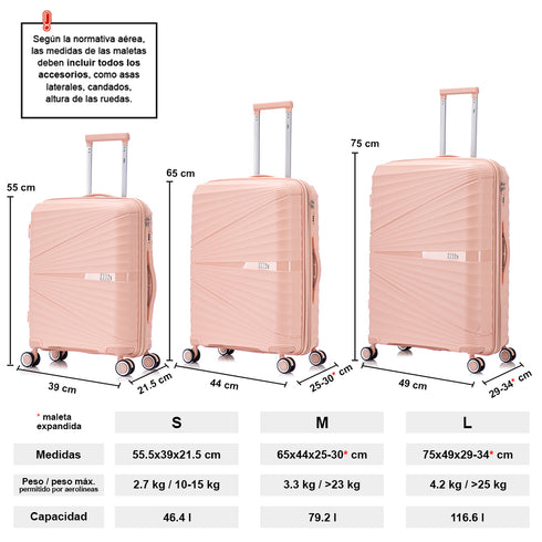 Juego de maletas PP Rígida 3 piezas|Maleta Cabina 55cm|Maleta Mediana extensible 65cm|Maleta Grande Extensible 75cm|Choco Rosa Claro