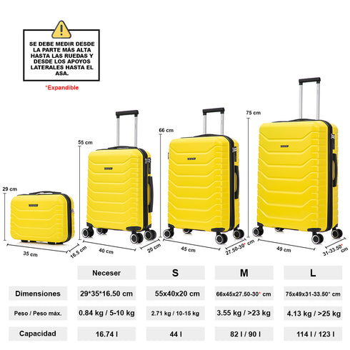 Conjunto de 4 Maletas ABS+PC|Neceser 29cm|Cabina 55x40x20cm|Mediana Expandible 20kg-23kg - 66x45x27.50-30cm|Grande Expandible 23kg-25kg - 75x49x31-33.50cm | Amarillo