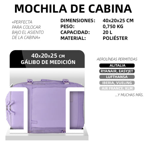 Raykong Mochila de cabina Ryanair 40x20x25cm (20L) Morado