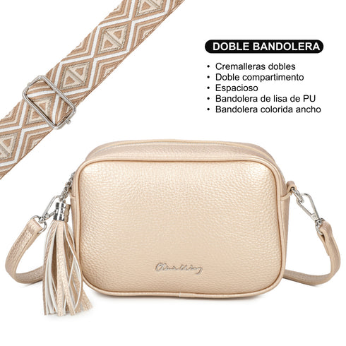 Bolso bandolera mujer pequeño de cuero PU dos compartimentos y dos bandoleras, bolso mensajero para cruzar polipiel regalo original para mujer - Dorado