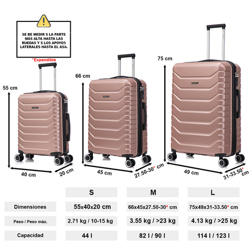 Raykong Juego de maletas 3 piezas | Maleta Cabina 55cm | Mediana Expansible 65cm | Grande Expansible 75cm - Watt (Rosa Dorado)