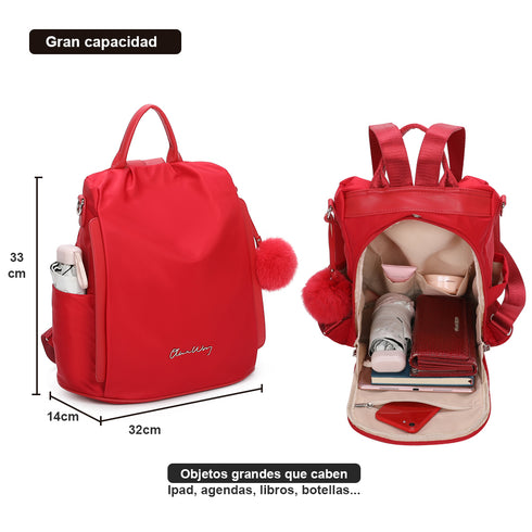 Mochila antirrobo Impermeable para mujer (14.80L) | Mochila Convertible en bolso con pompón y asa desmontable de adorno Rojo
