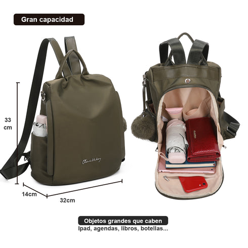 Mochila antirrobo Impermeable para mujer (14.80L) | Mochila Convertible en bolso con pompón y asa desmontable de adorno Verde