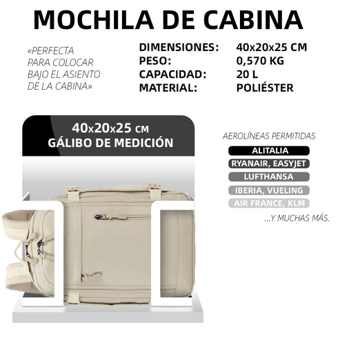 Raykong Mochila De Cabina Ryanair 40x20x25cm (20L) | Mochila De Viaje Impermeable Para Avión | Equipaje De Mano Resistente | Mochila Para Senderismo | Escolar | Trabajo - Beige