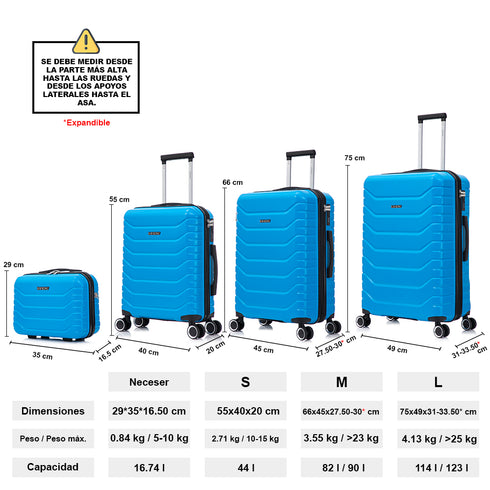 Conjunto de 4 Maletas ABS+PC|Neceser 29cm|Cabina 55x40x20cm|Mediana Expandible 20kg-23kg - 66x45x27.50-30cm|Grande Expandible 23kg-25kg - 75x49x31-33.50cm | Turquesa