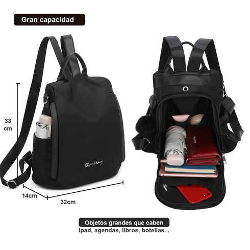 Mochila antirrobo Impermeable para mujer (14.80L) | Mochila Convertible en bolso con pompón y asa desmontable de adorno Negro