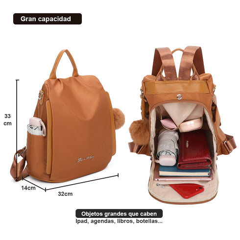 Mochila antirrobo Impermeable para mujer (14.80L) | Mochila Convertible en bolso con pompón y asa desmontable de adorno Marrón
