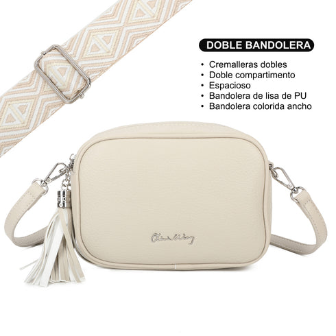 Bolso bandolera mujer pequeño de cuero PU dos compartimentos y dos bandoleras, bolso mensajero para cruzar polipiel regalo original para mujer - Beige