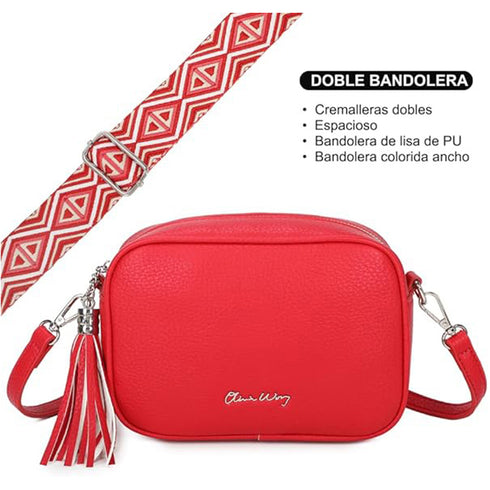 Bolso bandolera mujer pequeño de cuero PU con dos bandoleras bolso mensajero para cruzar PU - Rojo
