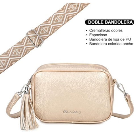 Bolso bandolera mujer pequeño de cuero PU con dos bandoleras bolso mensajero para cruzar PU - Dorado