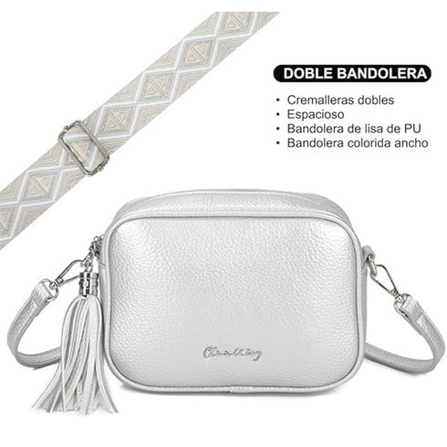 Bolso bandolera mujer pequeño de cuero PU con dos bandoleras bolso mensajero para cruzar PU - Plata