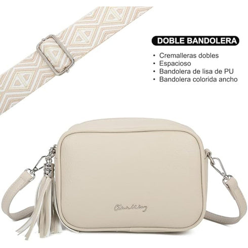 Bolso bandolera mujer pequeño de cuero PU con dos bandoleras bolso mensajero para cruzar PU - Beige