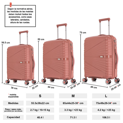 Juego de maletas PP Rígida 3 piezas|Maleta Cabina 55cm|Maleta Mediana extensible 65cm|Maleta Grande Extensible 75cm|Choco Rosa