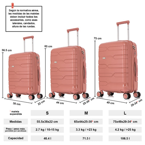 Juego de maletas PP Rígida 3 piezas|Maleta Cabina 55cm|Maleta Mediana 65cm Expandible |Maleta Grande 75cm Expandible |Bass Rosa Dorado