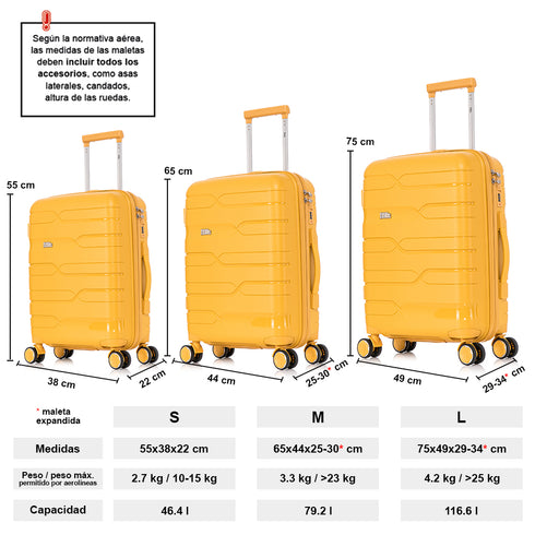 Juego de maletas PP Rígida 3 piezas|Maleta Cabina 55cm|Maleta Mediana 65cm Expandible |Maleta Grande 75cm Expandible |Bass Amarillo