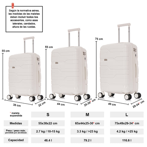 Juego de maletas PP Rígida 3 piezas|Maleta Cabina 55cm|Maleta Mediana 65cm Expandible |Maleta Grande 75cm Expandible |Bass Blanco