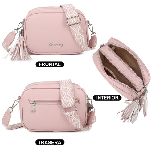 Bolso bandolera mujer pequeño de cuero PU dos compartimentos y dos bandoleras, bolso mensajero para cruzar polipiel regalo original para mujer - Rosa