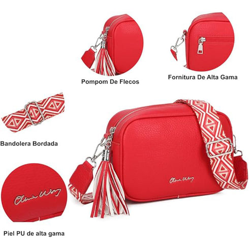 Bolso bandolera mujer pequeño de cuero PU con dos bandoleras bolso mensajero para cruzar PU - Rojo